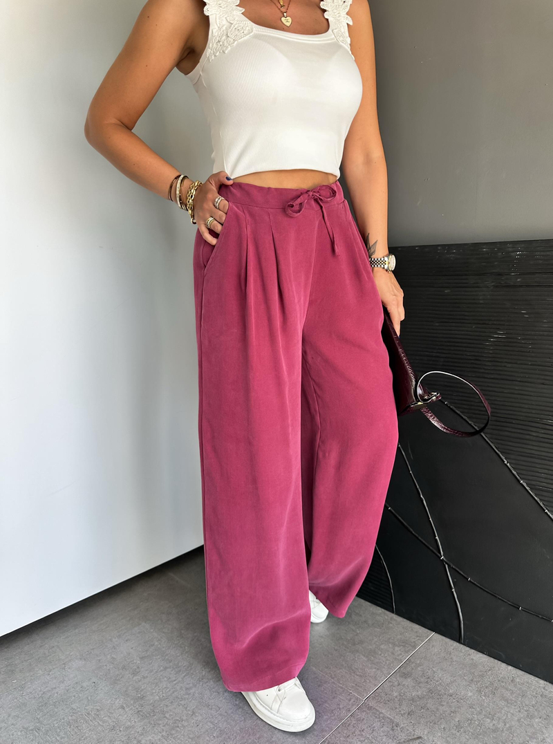Bordo Beli Lastikli Cepli Soft Pantolon