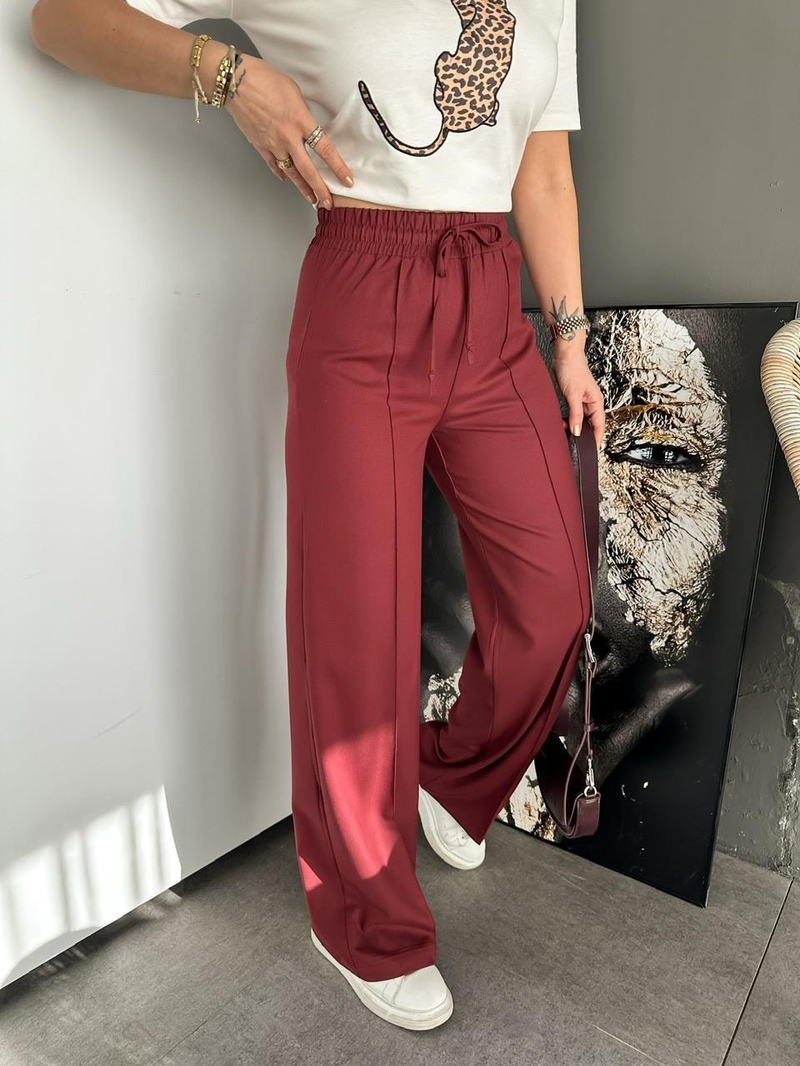 Bordo Bol Kesim Çımalı Pantolon
