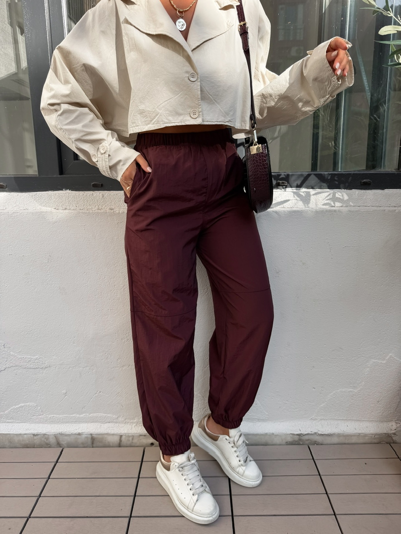 Bordo Cepli Lastikli Paraşüt Pantolon