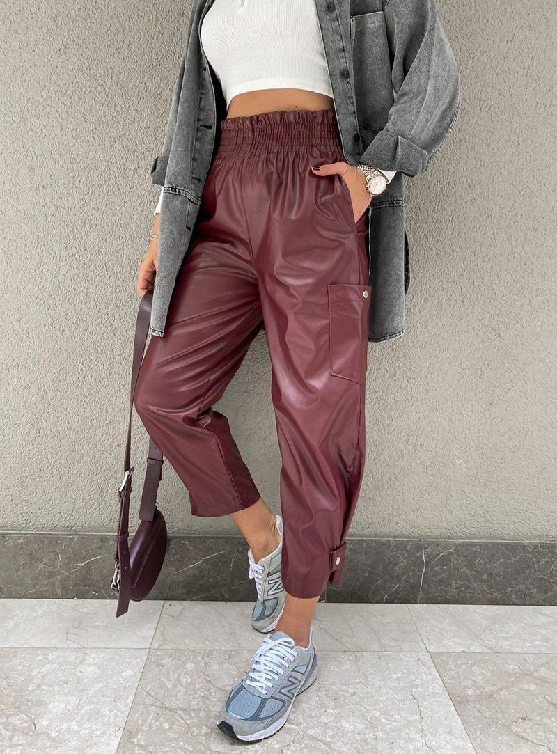 Bordo Çıtçıtlı Deri Pantolon