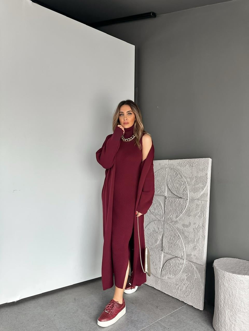 Bordo Elbise Hırka Triko Takım