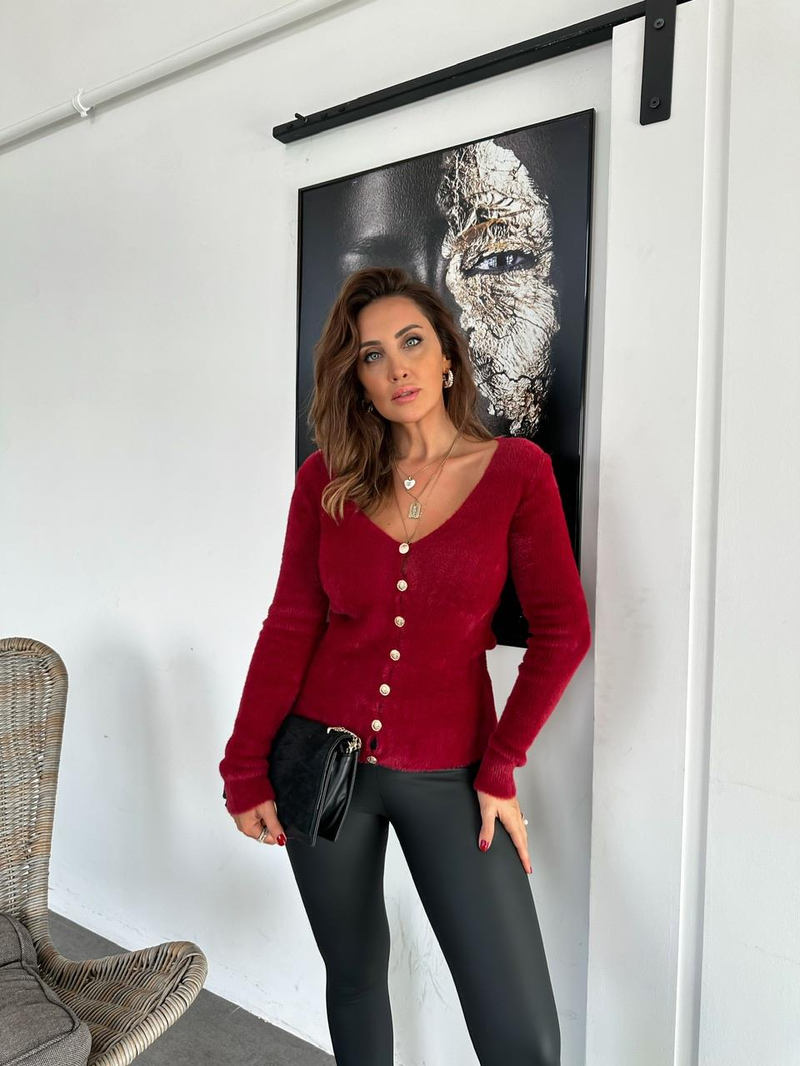 Bordo Gold Düğmeli Yumoş Hırka