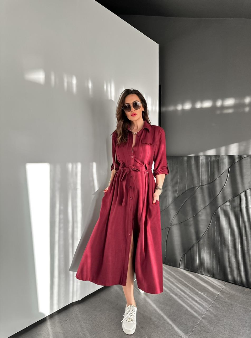 Bordo Kapak Cepli Düğmeli Safari Elbise