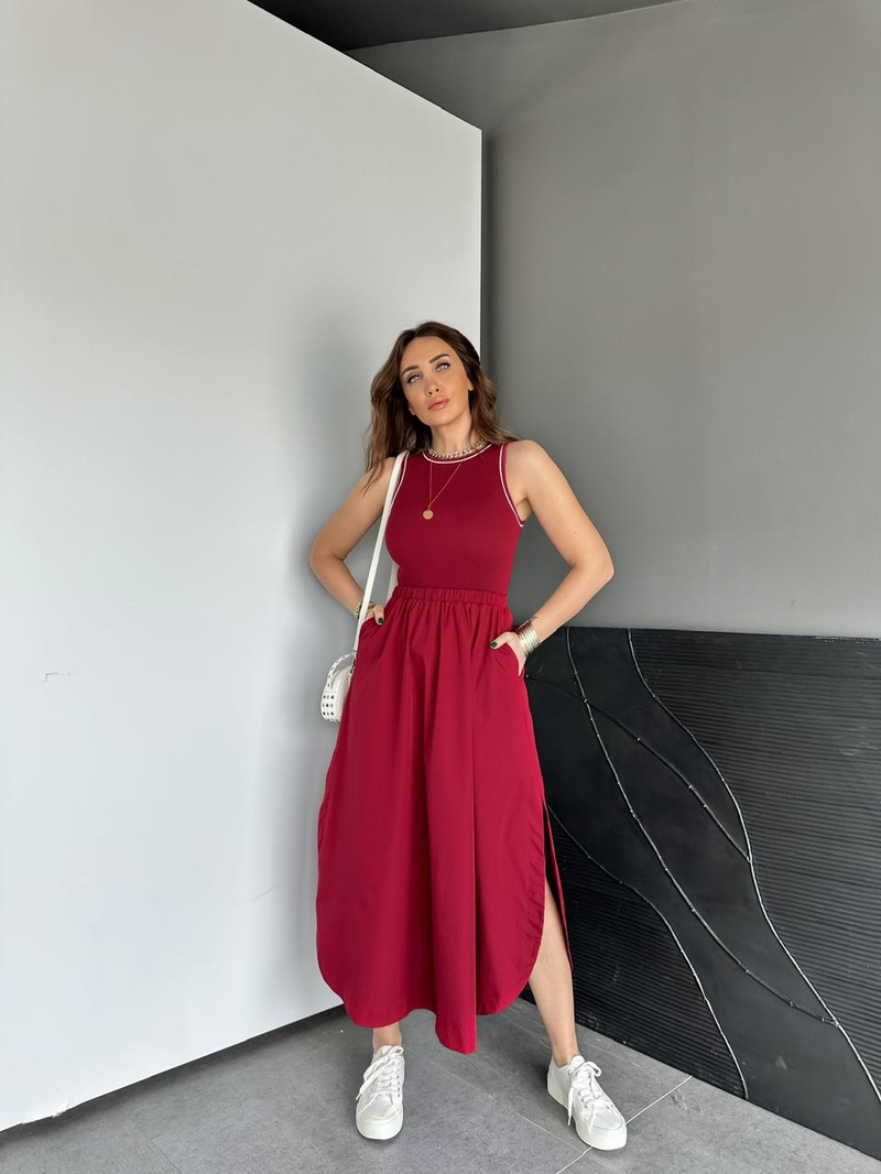Bordo Kaşkorse Poplin Elbise
