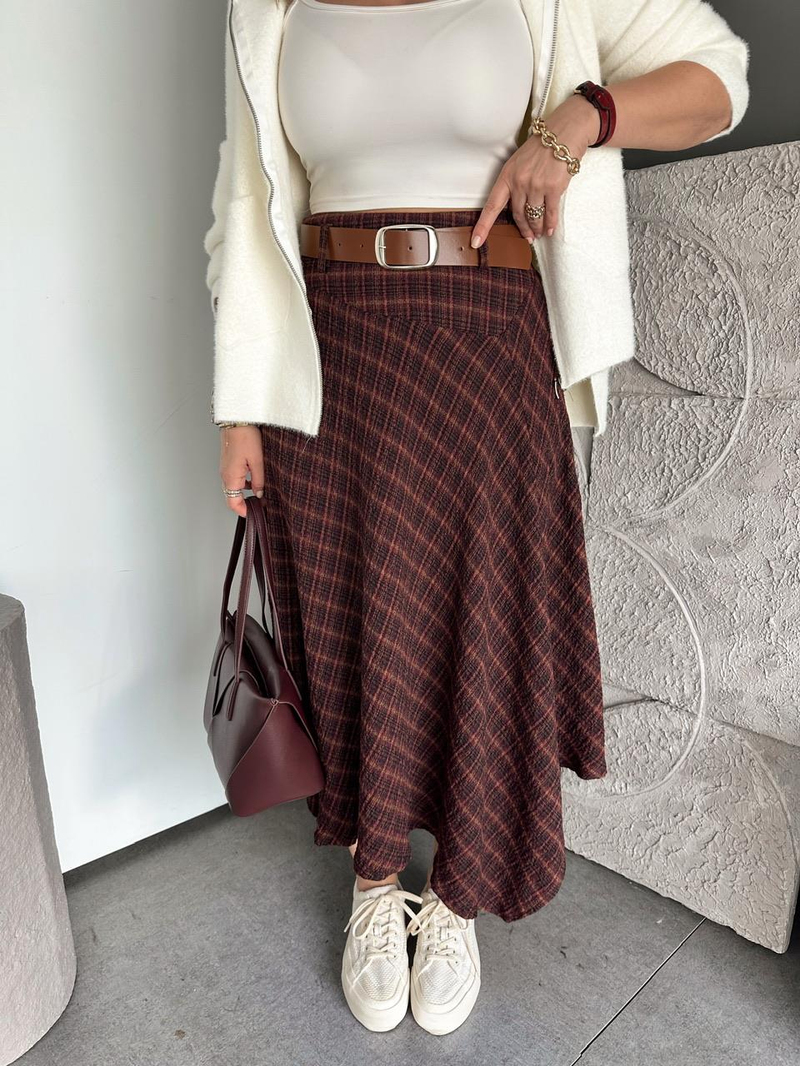 Bordo Kemerli Asimetrik Ekose Etek