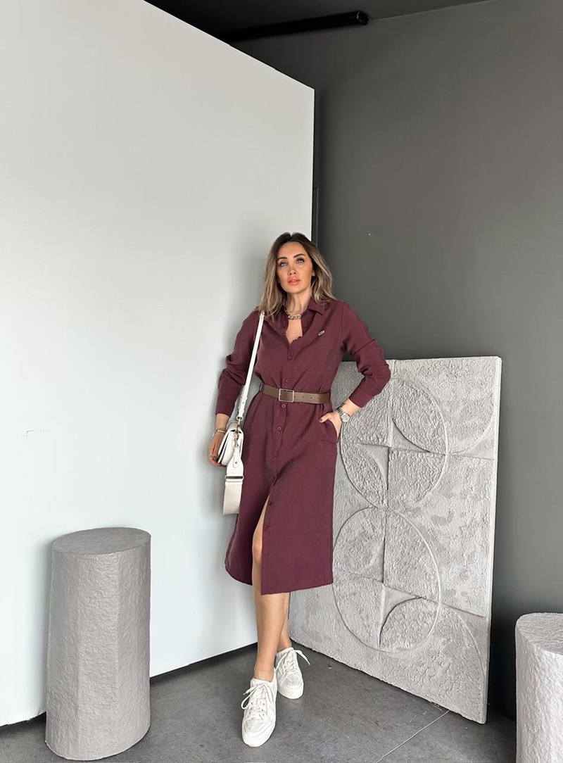 Bordo Kemerli Logolu Tensel Elbise