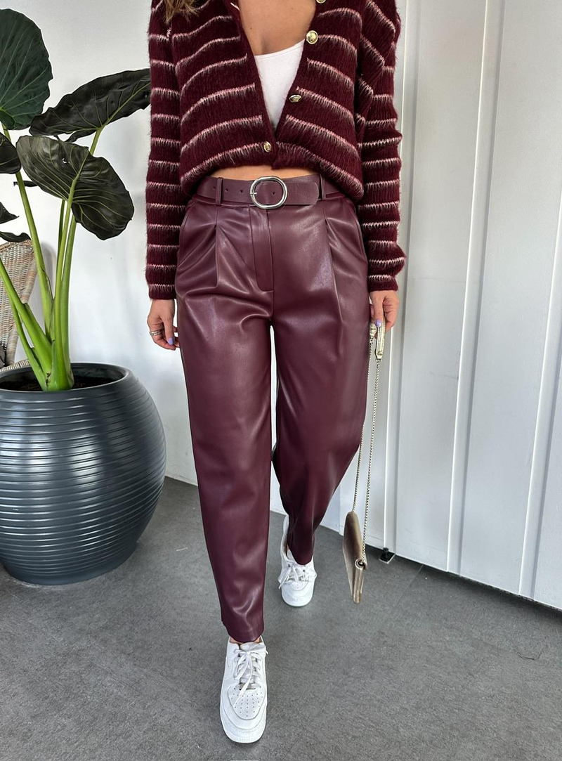 Bordo Kemerli Premium Deri Pantolon