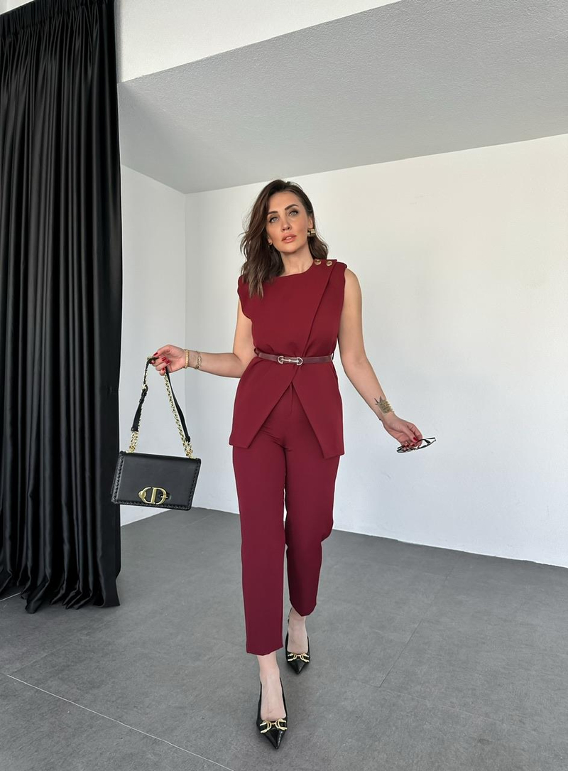 Bordo Kemerli Yelekli Şık Takım