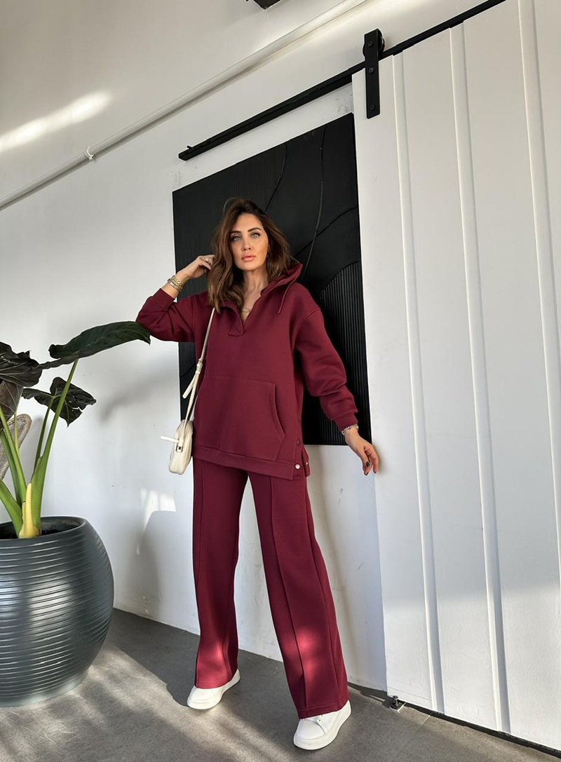 Bordo Kenarları Çıtçıtlı Kapşonlu Takım