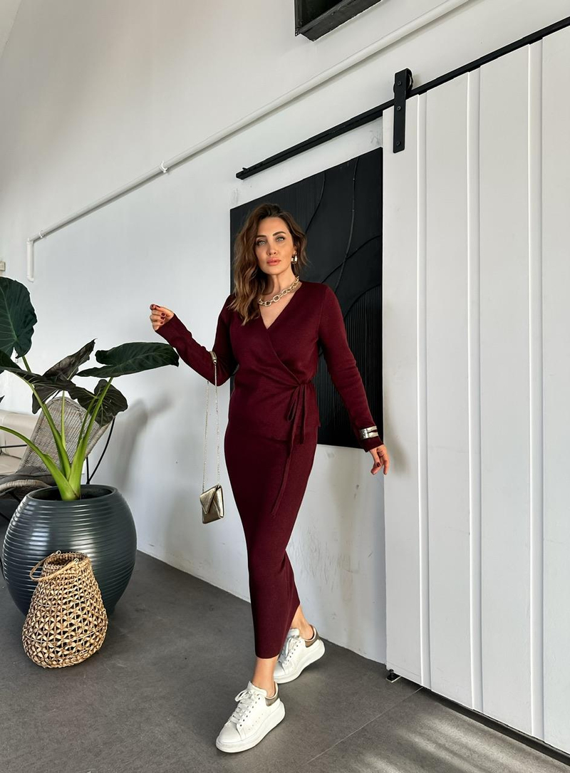 Bordo Kruvaze Etekli Triko Takım