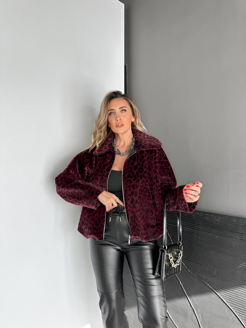 Bordo Leoparlı Deve Tüyü Bomber Mont