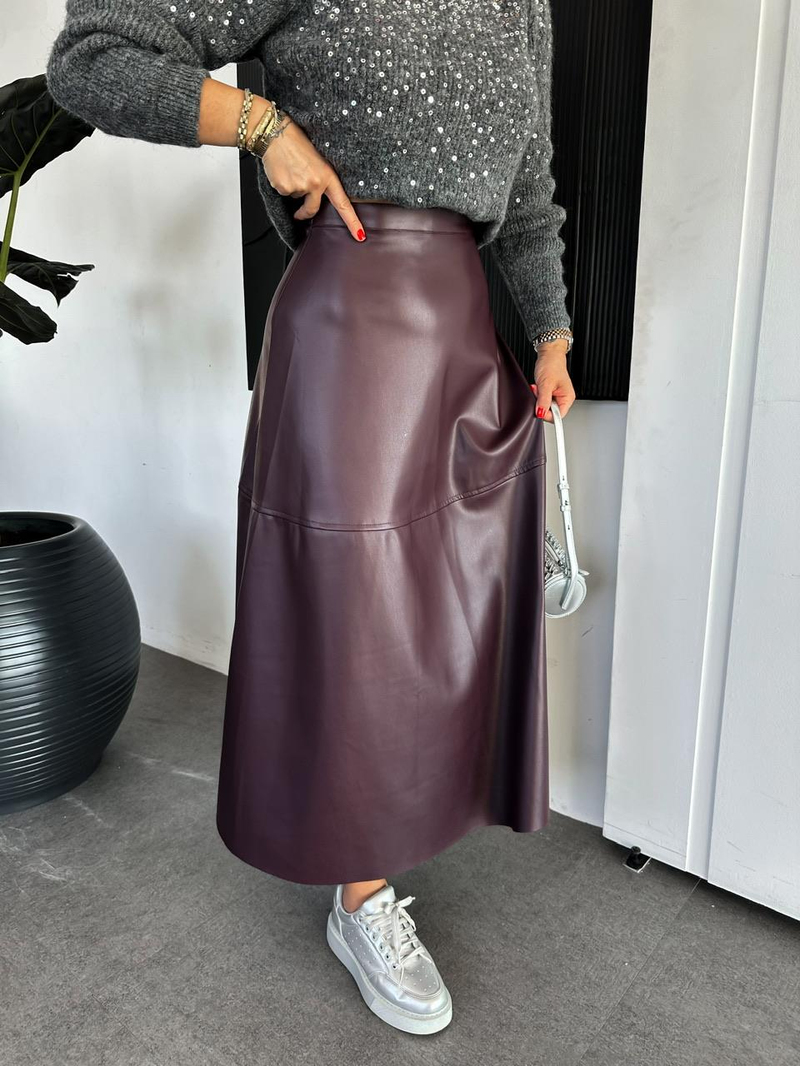 Bordo Maxi Boy Deri Etek