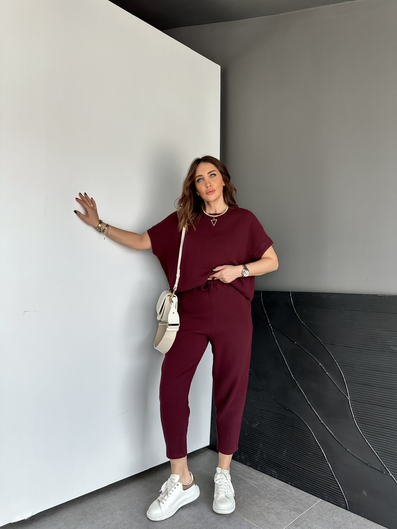 Bordo Naturel Keten Dokulu Takım