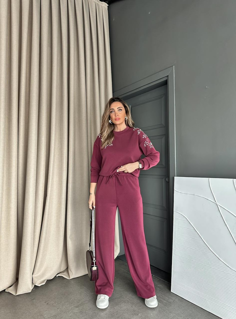 Bordo Omuzları Serpme Taşlı Premium Takım