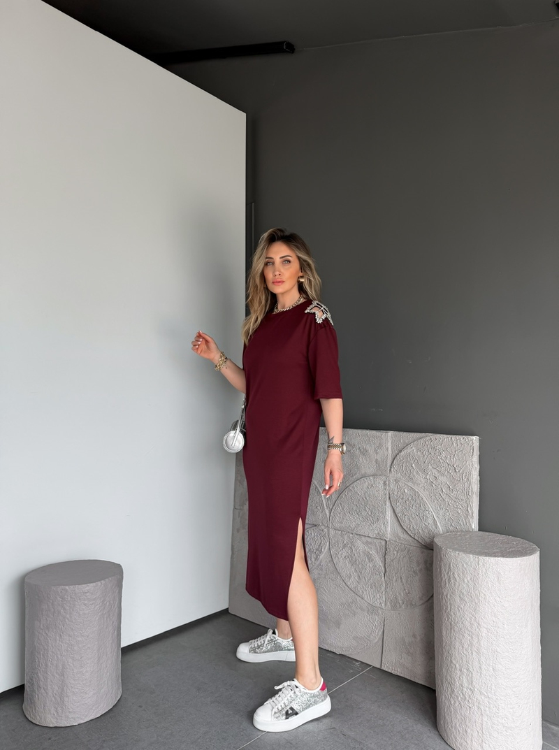 Bordo Omuzları Yıldız Taşlı Modal Elbise