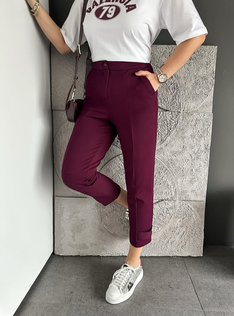 Bordo Paçası Çıtçıtlı Ful Likralı Pantolon