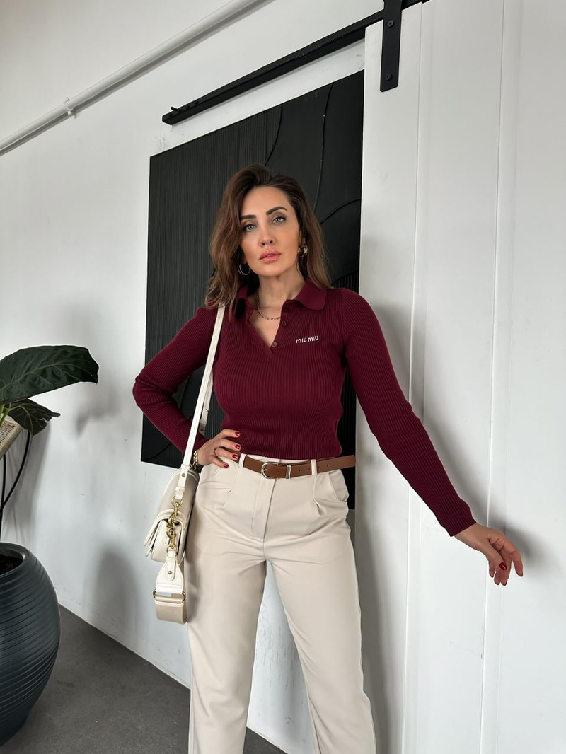 Bordo Polo Yaka Miu Kazak