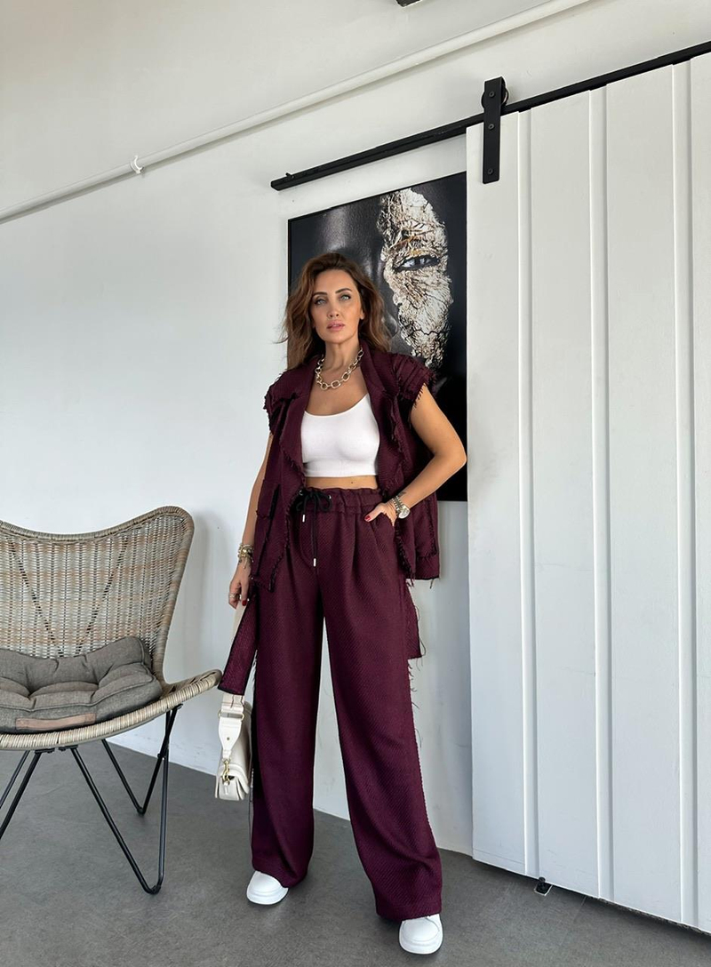 Bordo Sacaklı Yelekli Takım