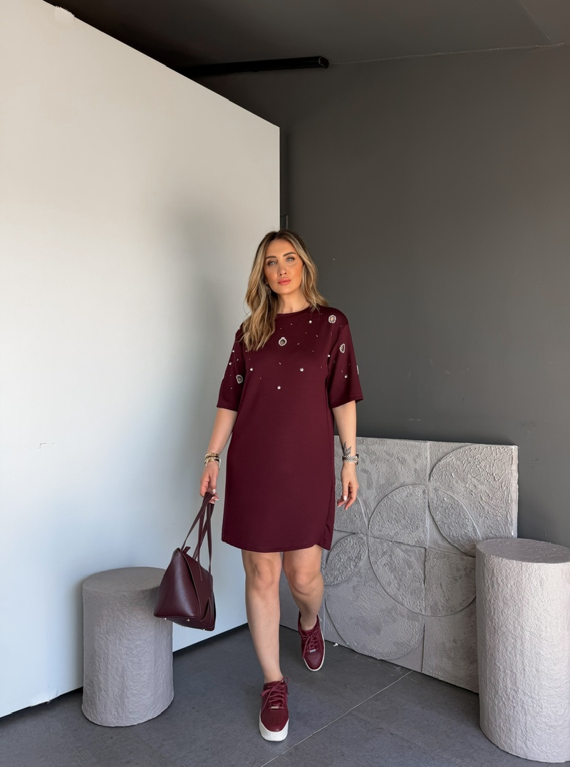 Bordo Serpme İncili Modal Elbise