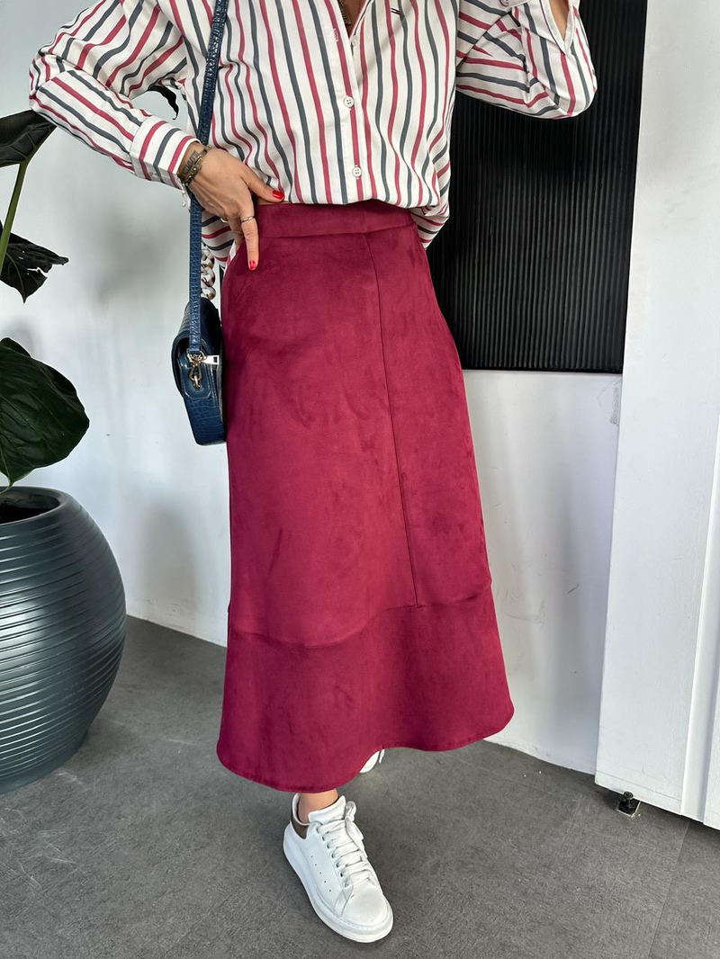 Bordo Süet Midi Boy Etek