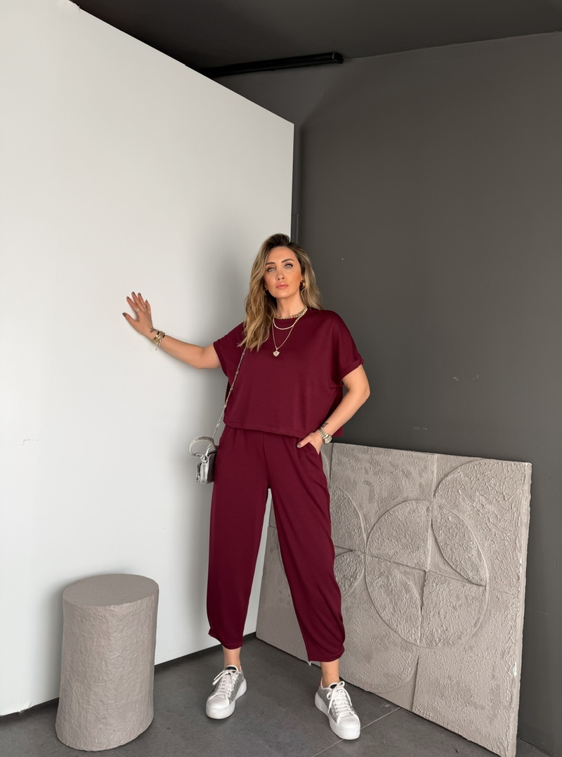 Bordo T Kol Likralı Modal Takım