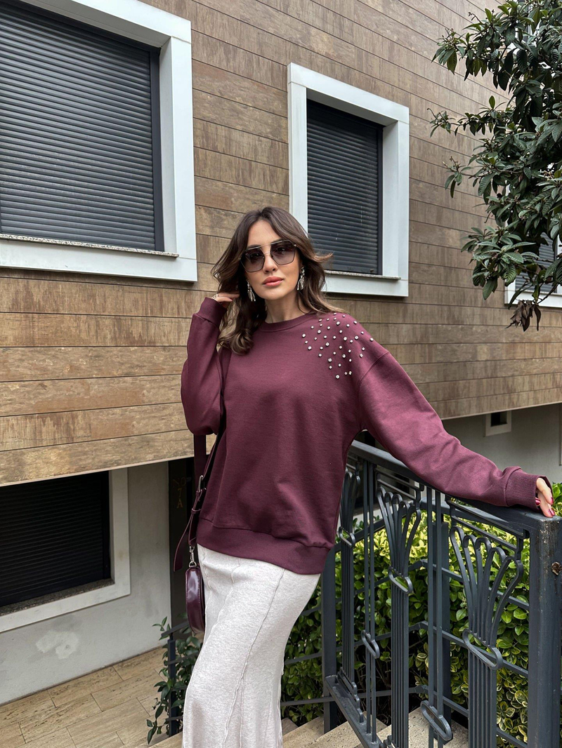 Bordo Taş İşlemeli Basic Sweatshirt