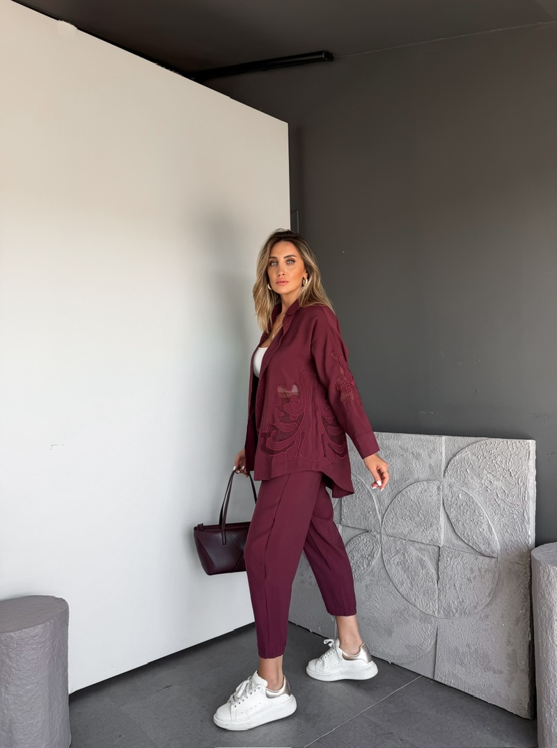Bordo Tensel Nakışlı Gömlekli Takım