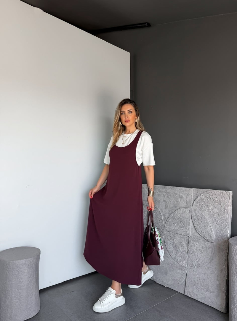 Bordo Tshirtlü Askılı Basic Elbise