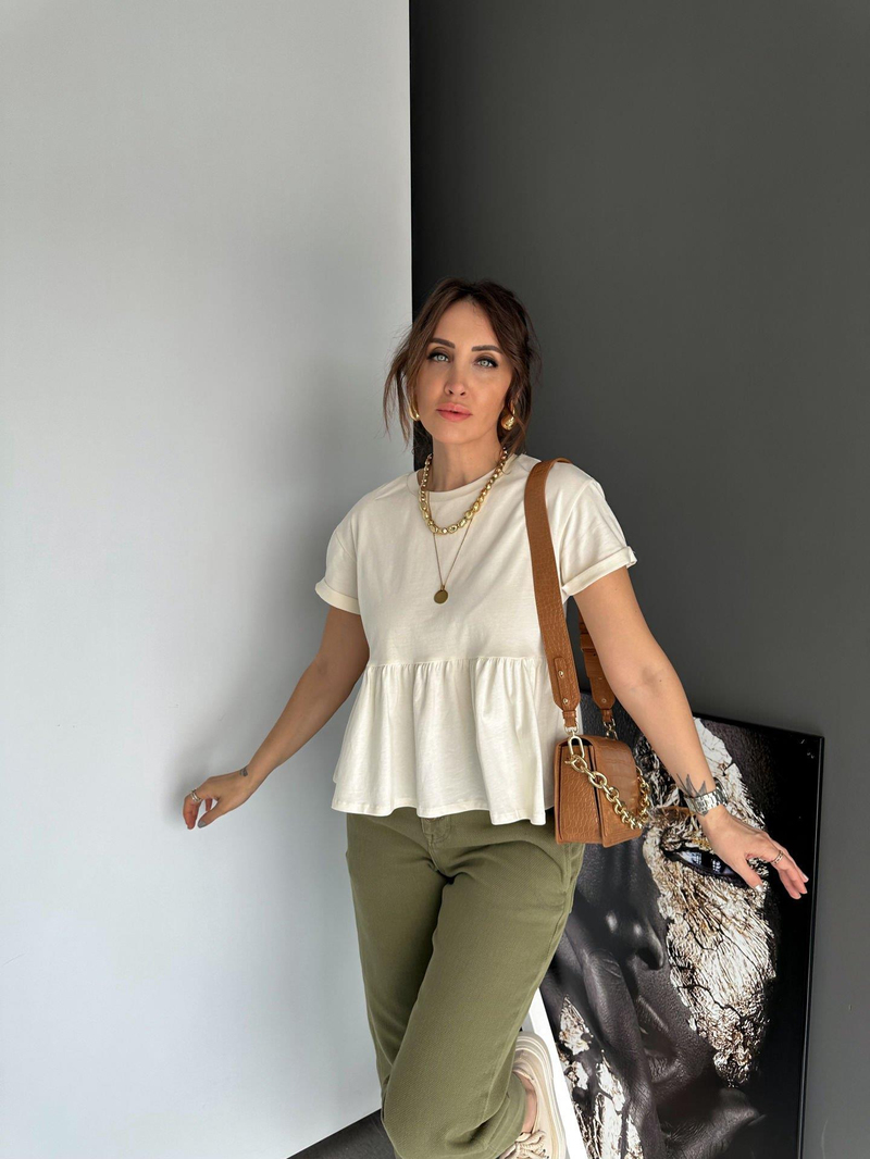 Ekru Beli Volanlı Cotton Tshirt
