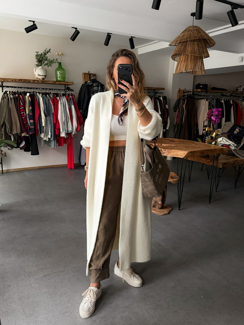Ekru Şal Yaka Angora Uzun Hırka