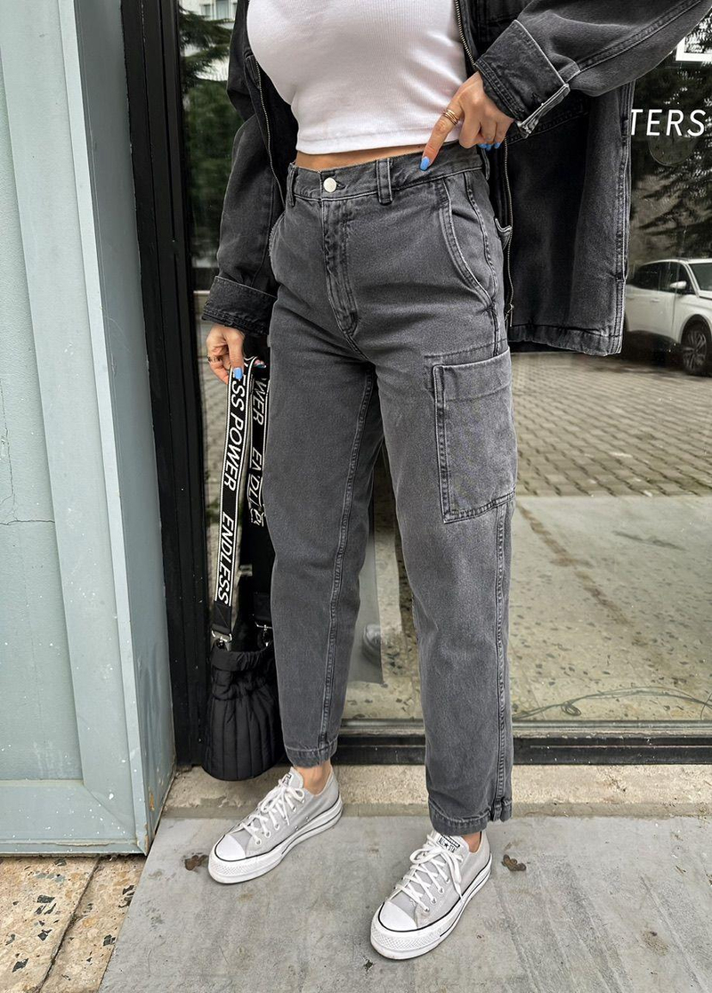 Gri Kargo Denim Pantolon