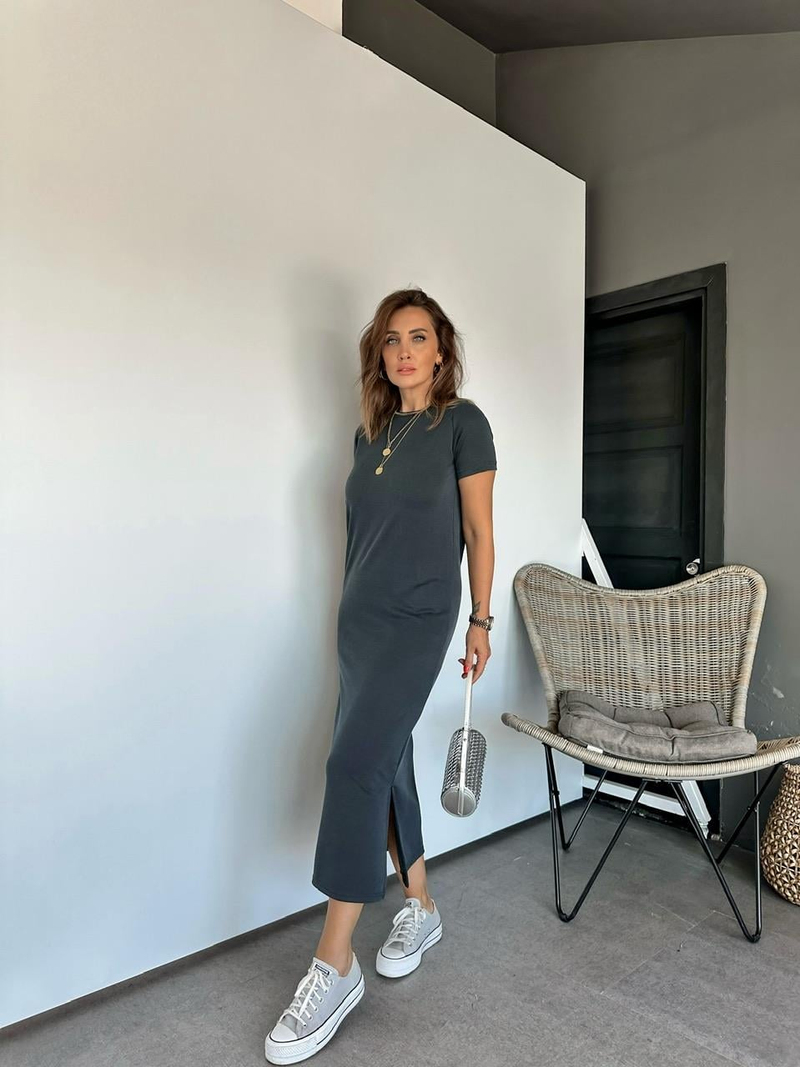 Gri Modal Yırtmaçlı Basic Elbise