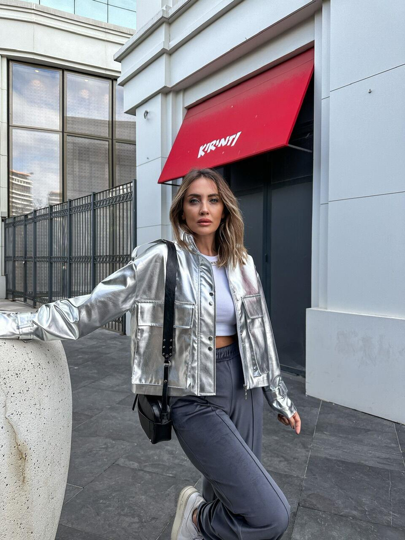 Gri Silver Cep Detaylı Ceket