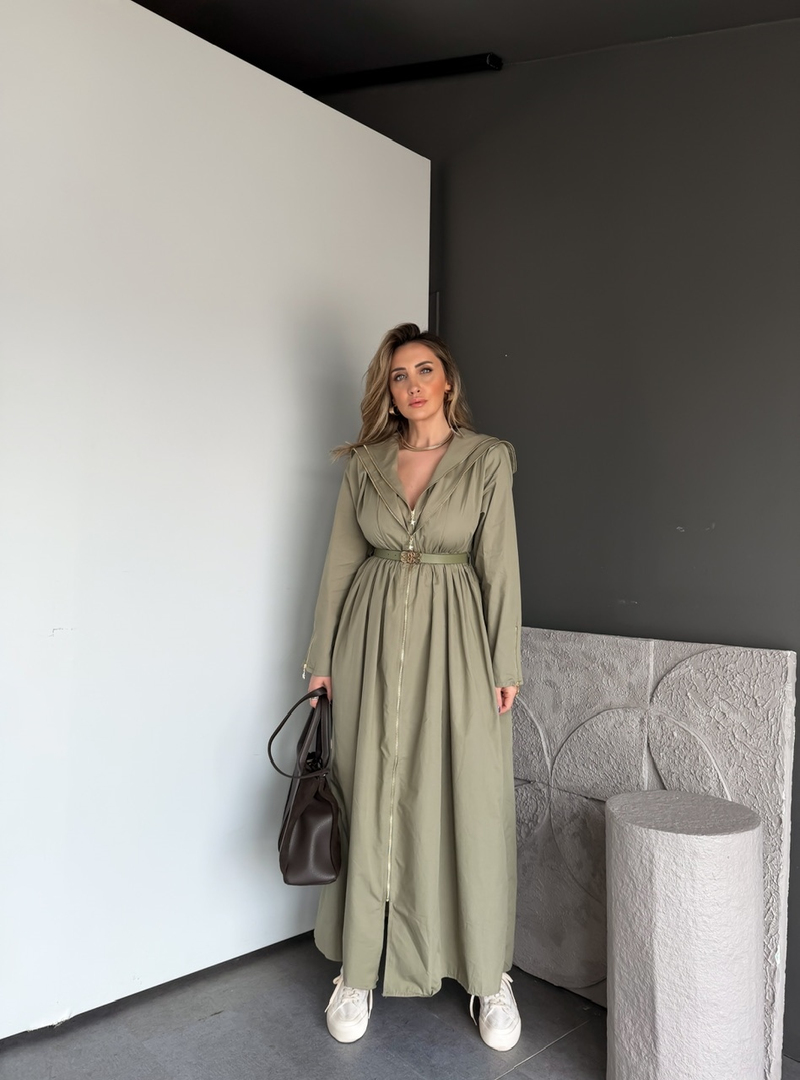 Haki Çift Fermuarlı Kemerli Elbise