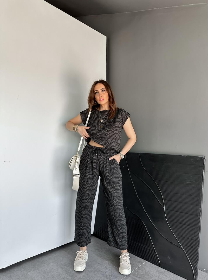 Haki Geometrik Desenli Cotton Takım