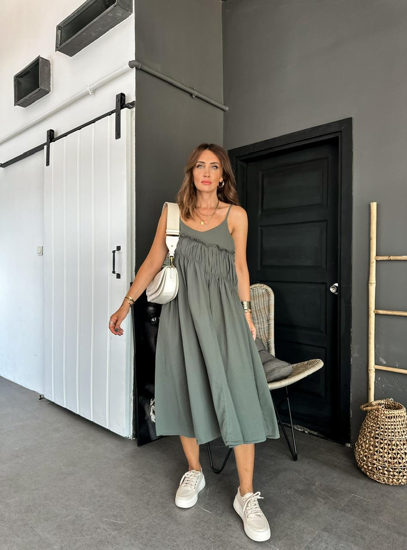 Haki İp Askılı Drapeli Cotton Elbise