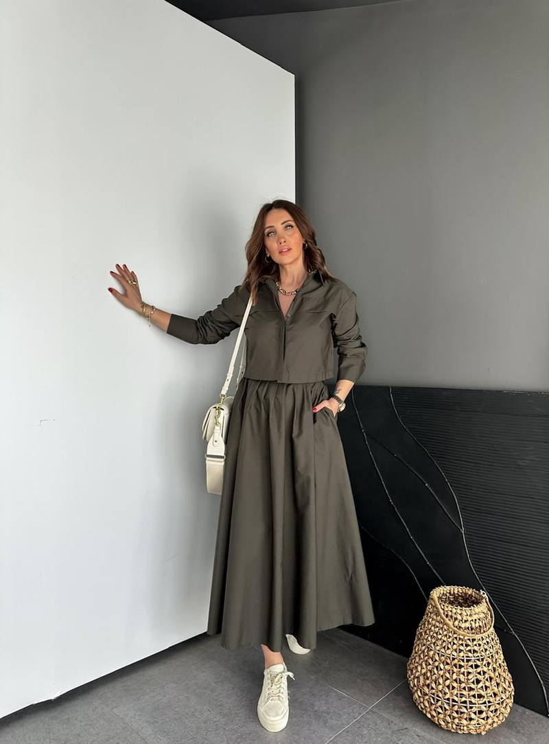 Haki Kısa Gömlekli Etekli Cotton Takım