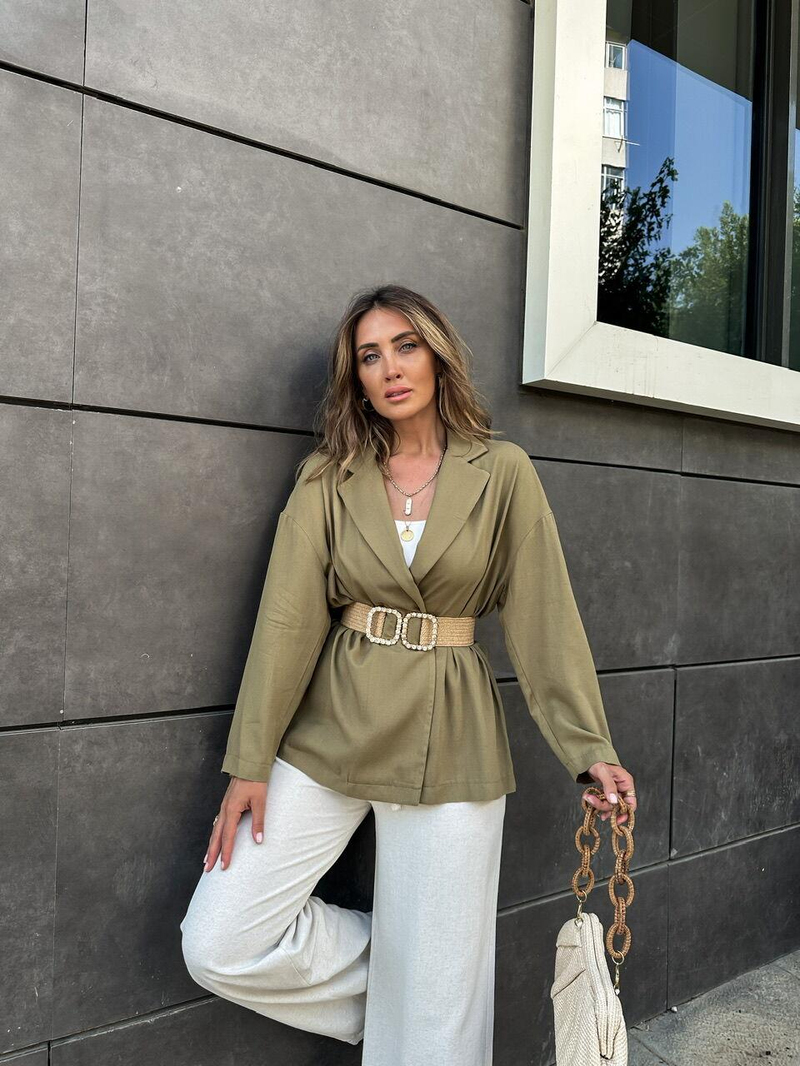 Haki Kolları Düğmeli Keten Ceket