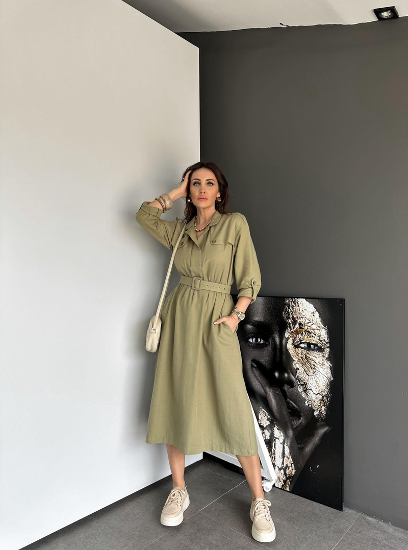 Haki Safari Beli Kemerli Keten Elbise