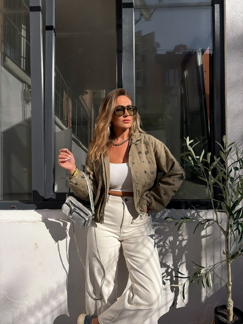 Haki Taşlı Bomber Denim Ceket