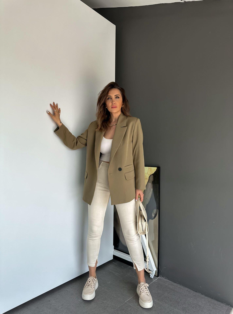 Haki Tek Düğmeli Blazer Ceket