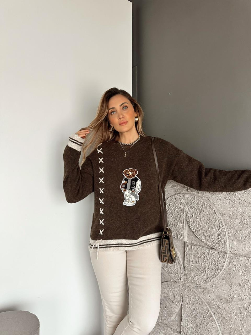 Kahve Ayı Figürlü İpli Kazak