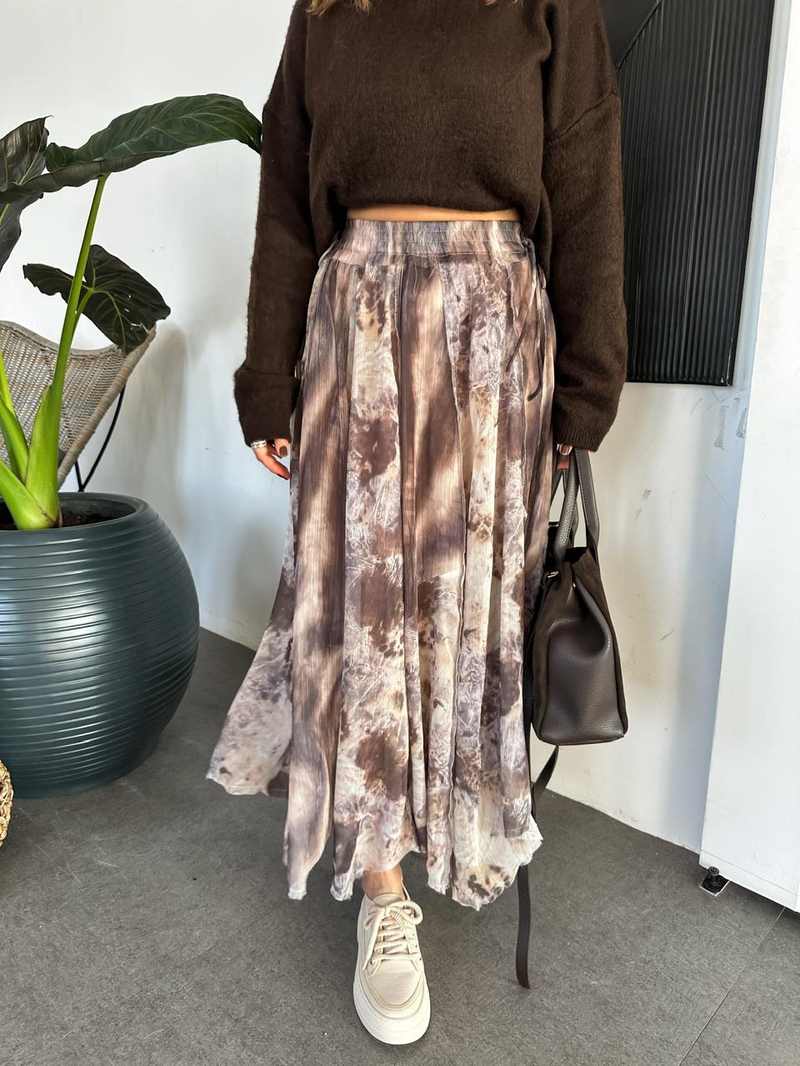 Kahve Batik Desen Şifon Etek