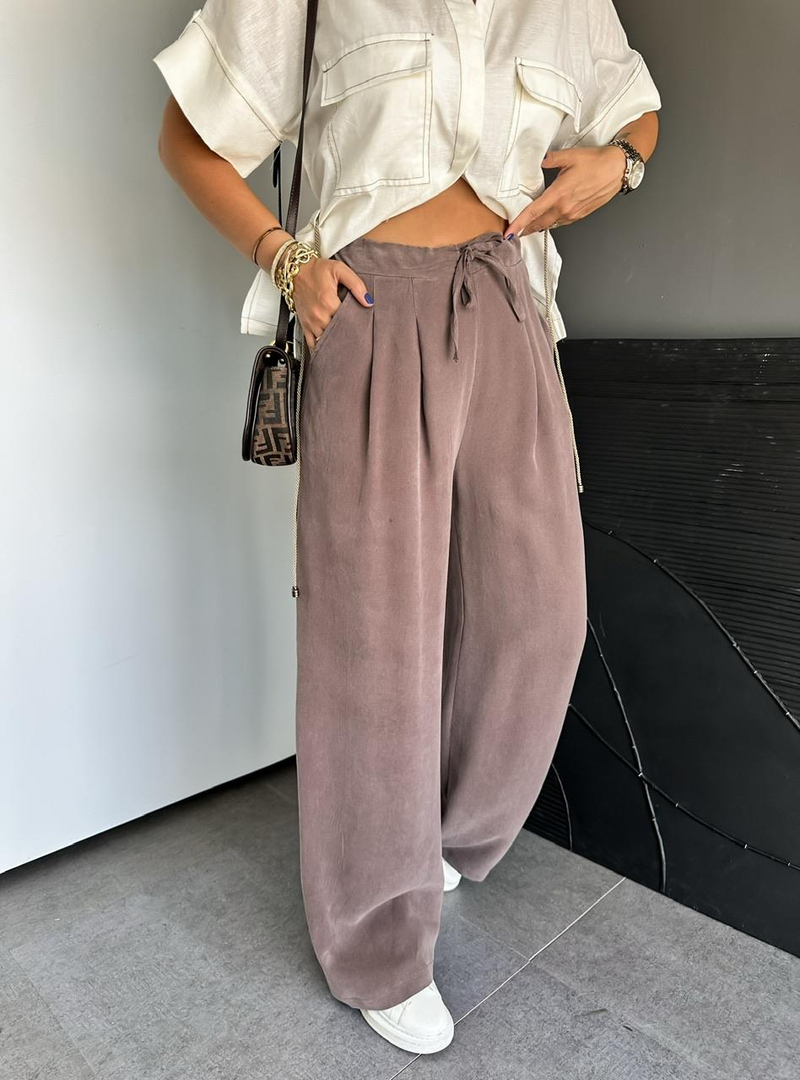 Kahve Beli Lastikli Cepli Soft Pantolon