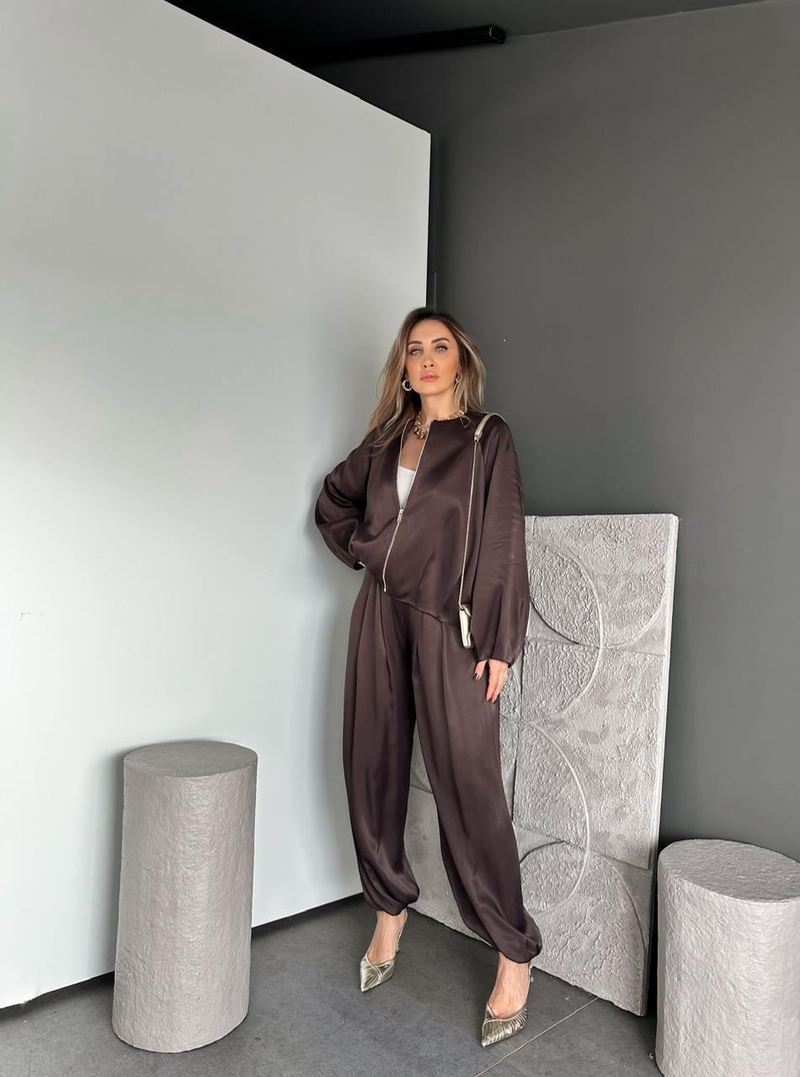 Kahve Ceket Şalvar Pantolon Saten Takım