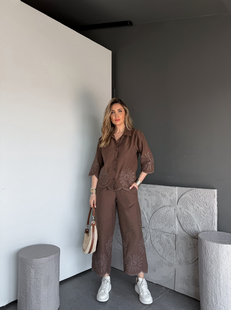 kahve Eteği Nakışlı Premium Keten Takım