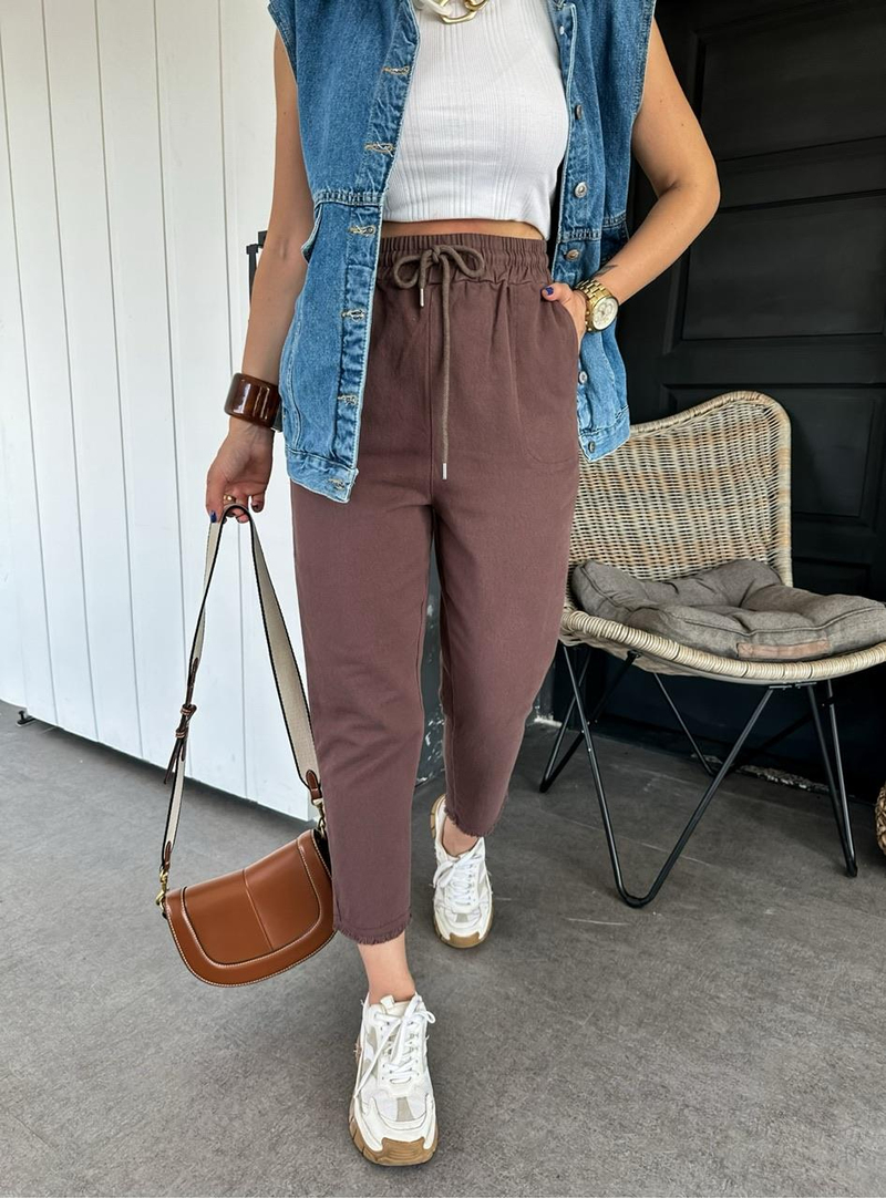 Kahve Gabardin Beli Lastikli Pantolon 