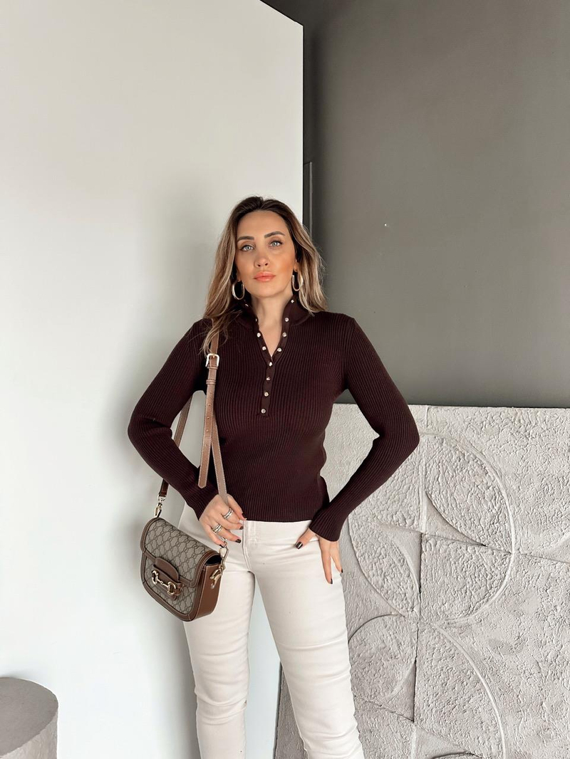Kahve Gold Çıtçıtlı Fitilli Kazak