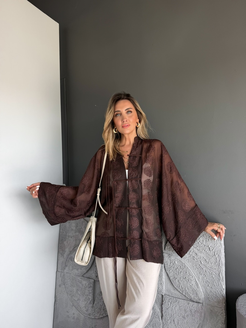 Kahve İp Bağcıklı Brodeli Kimona