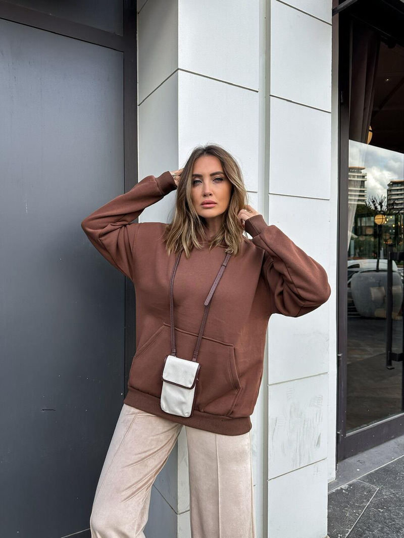 Kahve Kanguru Cepli Sweatshirt
